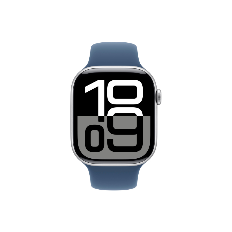 Apple Watch Series 10, 46 мм, корпус из алюминия серебристого цвета, спортивный ремешок цвета «синий деним» S/M